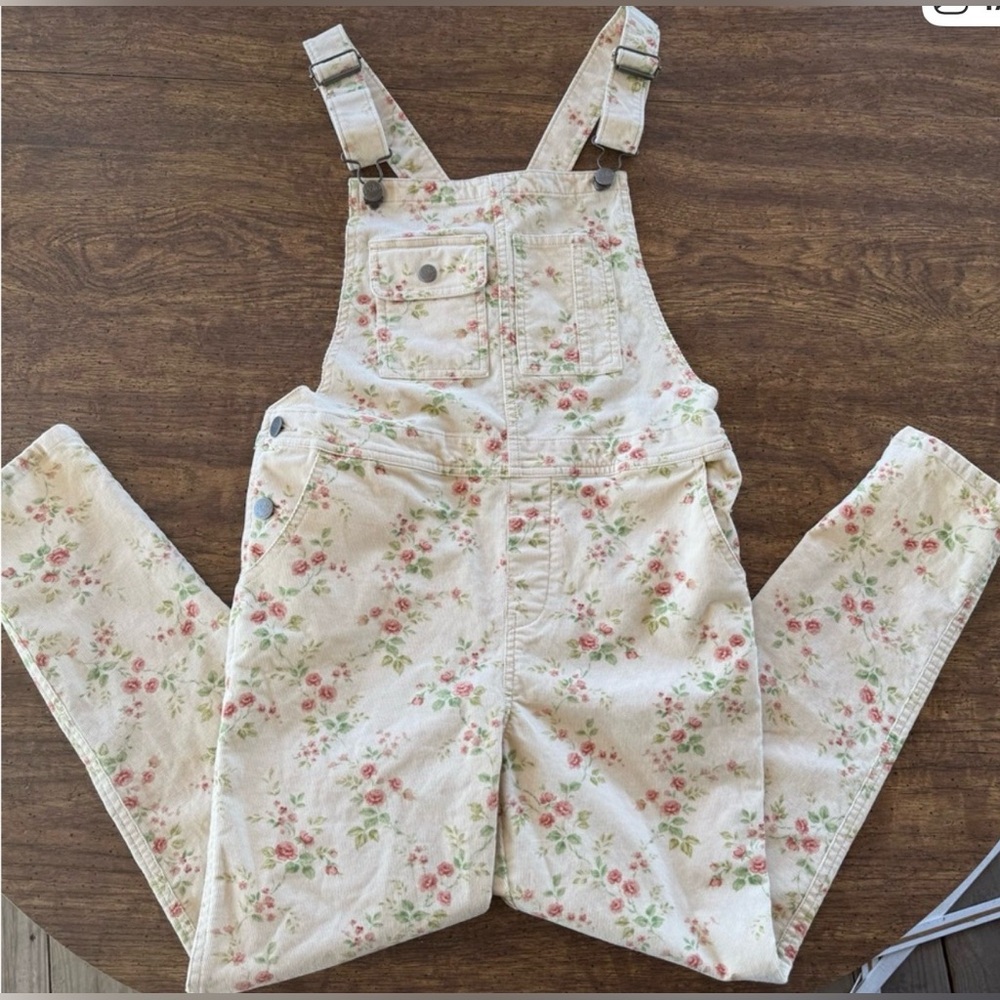 Girl’s Polo by Ralph Lauren Floral Girl’s Corduroy Overalls- Cream and Pink